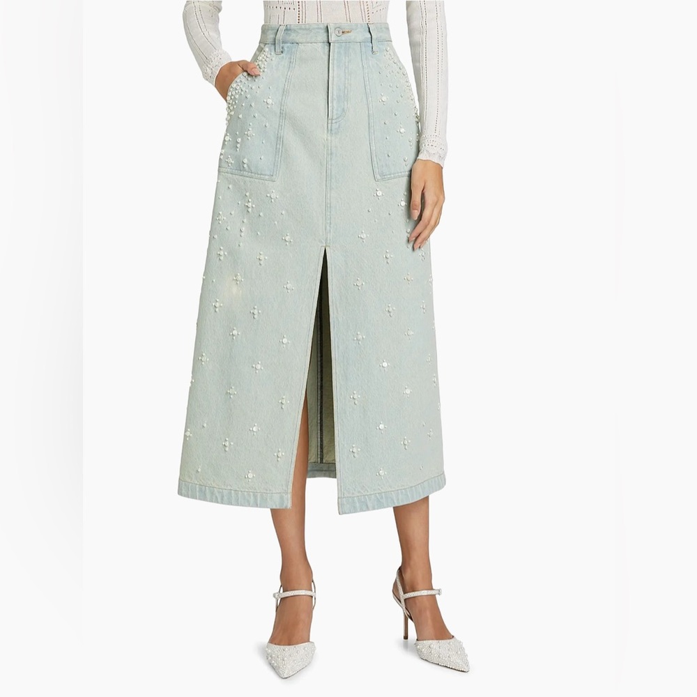Sea Light Blue Embroidered Denim Midi Skirt